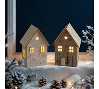 Casa invernale a LED in feltro con tetto in legno, set da 2 pezzi, batteria inclusa, 10 x 7 cm, decorazione per il villaggio di Natale, decorazione natalizia