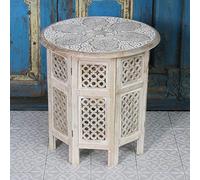 Casa Moro Tavolino orientale Haytam 52x52x54 cm (L/I) rotondo in Shabby Chic bianco intagliato a mano in legno massello di mango | artigianato di Marrakech | tavolino vintage | NH-5326-B