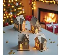 Casa natalizia a LED, in legno, 10 cm, da appendere, con batteria, set da 4 pezzi, decorazione per il villaggio di Natale con illuminazione in bianco caldo, decorazione per la casa in legno