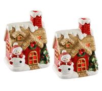 Casa natalizia con pupazzo di neve, albero di Natale e luce LED, set da 2 pezzi, 13 cm, decorazione natalizia, decorazione natalizia, villaggio di Natale, luce LED