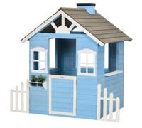Casa per Bimbi 3-7 Anni con Staccionata, Portavasi, Porta e Finestre, in Legno di Abete, 151x112.5x142 cm, Blu