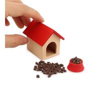 Casa per cani in miniatura con ciotola per cani e cibo per cani in scala 1:12, accessori per mobili per casa delle bambole, set in legno per animali domestici, decorazione da giardino (piccola rossa)
