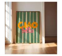Casa Poster Decorativo Ciao Bella, Poster Vintage Italiano Con Stampe Su Tela, Strisce Bianche E Verde Salvia, Dipinto Minimalista Moderno, Decorazione Da Parete Per La Casa(40x50cm)