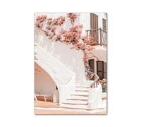 Casa Poster Decorativo Paesaggio Primaverile, Mare, Edificio, Foglia di Palma, Arte Murale, Poster E Stampe Nordiche, Quadri da Parete per L'arredamento del Soggiorno(F,50x70cm)