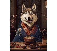 Casa Poster Decorativo Poster retrò in Stile Giapponese con Cane Che Mangia Cibo Giapponese Stampe su Tela Dipinti di Animali Quadri da Parete Decorazioni per La Casa Cucina(G,40x60cm)