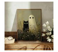 Casa Poster Decorativo Stampa Su Tela Con Gatto Nero E Fantasma Tra I Fiori Di Campo, Poster, Dipinto Floreale Spettrale, Decorazione Da Parete Per La Casa(20x30cm)