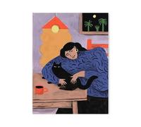 Casa Poster Decorativo Stampe Poster Di Gattara Fuori Dalla Finestra Che Tiene In Braccio Un Gatto, Dipinto Su Tela Classico Per Soggiorno, Decorazione Da Parete Balco(UN,20x30cm)