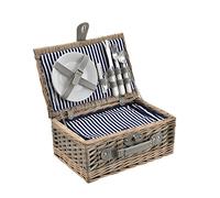 casa.pro Cestino da Picnic per 2 Persone Valigia Picnic in Rami di Salice Vintage Set Incluso Piatti Posate Bicchieri Borsa Termica Cavatappi Interno Blu/Bianco