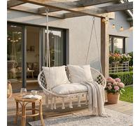 casa.pro Panca Sospesa per Esterni e Interni Altalena da Giardino per 2 Persone in Stile Boho 135x129x65 cm Intreccio in Corda Poltrona Dondolo con 3 Cuscini Fino a 200 kg - Bianco Crema
