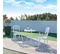 casa.pro Set da Bistrot in Alluminio Pressofuso con 2 Sedie con Braccioli e Tavolo Rotondo Motivo Intrecciato Ideale per Giardino Balcone Caffetterie - Bianco