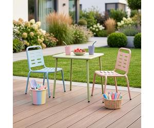 casa.pro Set di 3 Mobili per Bambini Tavolino e 2 Sedie da Giardino Balcone Cameretta Mobili in Acciaio a Misura di Bimbi per Esterno e Interno - Verde Salvia/Celeste/Pesca