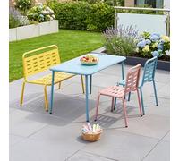 casa.pro Set di 4 Mobili per Bambini Tavolino Panca e 2 Sedie da Giardino Balcone Cameretta Mobili in Acciaio a Misura di Bimbi per Esterno e Interno - Giallo/Celeste/Pesca