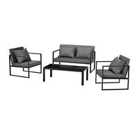 casa.pro Set Salottino da Esterno in Metallo con Divano a 2 Posti 2 Poltrone con Cuscini Grigio Scuro e 1 Tavolo Basso con Piano in Vetro Set Lounge Mobili da Giardino Patio - Nero