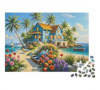 Casa tropicale sulla spiaggia, colorata casa sulla spiaggia con palme, puzzle da 1000 pezzi per adulti, la sfida impossibile per lo sviluppo cerebrale, 70x50cm/1000pcs