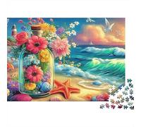 Casa Tropicale sulla Spiaggia Difficile Puzzle 1000 Pezzi Adulti Bottiglia Fiori Spiaggia Stella Marina Premium Spesse Resistenti Alta Qualità Vivaci Stimolanti Antistress 52x38cm/1000pz