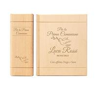 Casa Vivente Salvadanaio in Legno a Forma di Libro con Incisione Personalizzabile con Nomi e Data, Motivo Colomba della Pace, Prima Comunione