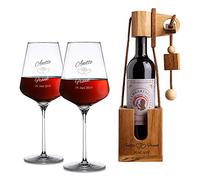 Casa Vivente Set per Coppie, 2 Calici da Vino in Vetro, Rompicapo per Bottiglie in Legno Scuro, Incisione Personalizzata con Nomi e Data, Motivo Cuori, Idea Regalo Matrimonio