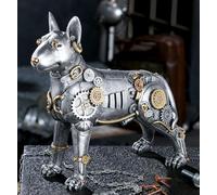 Casablanca - Statuetta decorativa a forma di cane Pitbull con disegno steampunk in resina, colore: argento anticato, altezza 29 cm