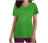 Casacca da donna a maniche corte, scollo a V, camicia da infermiera stampata, morbida e confortevole, abbigliamento da lavoro con 2 tasche, per festa nazionale irlandese, verde, L
