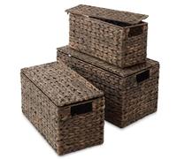 Casafield Set di 3 cestini portaoggetti in giacinto d'acqua con coperchio, per espresso, piccoli, medi e grandi, per bagno, camera da letto, armadi, mensole