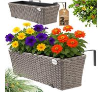 Casaria® 2x Fioriera Balcone 60cm 11L Rattan Supporto Esterno Interno Resistente agli Agenti Atmosferici e ai Raggi UV Rimovibile Ringhiera Vaso Portafiori Rettangolare Fiori Piante Crema