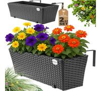 Casaria® 2x Fioriera Balcone 60cm 11L Rattan Supporto Esterno Interno Resistente agli Agenti Atmosferici e ai Raggi UV Rimovibile Ringhiera Vaso Portafiori Rettangolare Fiori Piante Nero
