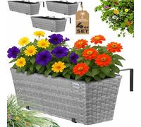 Casaria® 4x Fioriera Balcone 60cm 11L Rattan Supporto Esterno Interno Resistente agli Agenti Atmosferici e ai Raggi UV Rimovibile Ringhiera Vaso Portafiori Rettangolare Fiori Piante Grigio