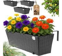Casaria® 4x Fioriera Balcone 60cm 11L Rattan Supporto Esterno Interno Resistente agli Agenti Atmosferici e ai Raggi UV Rimovibile Ringhiera Vaso Portafiori Rettangolare Fiori Piante Nero