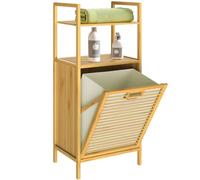 Casaria Mobile da Bagno con Cesta per Biancheria 36l Armadietto in Bambù 2 Ripiani con Cesto Panni Mobiletto Portabiancheria 95x40x30cm