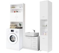 Casaria® Set Mobili Bagno 3 Pezzi Arredamento Toilette Bianco Mobile Alto Mobile Sottolavabo in Legno Mobile Lavatrice Armadietti Mobiletto Colonna