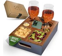 Cascalino's® Couchbar - Contenitore per snack con 2 + 2 ciotole per snack in acciaio inox, vassoio per divano in legno, organizer per divano con porta bevande, vassoio in legno, divano bar, divano