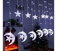 Cascata di luci esterno ed interno stelle e lune, tenda luminosa Natale 2,5 Metri 160 led con 12 elementi 8 effetti lampeggianti decorazione natalizia bianco freddo per porta vetrina balcone festa