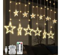 Cascata di Luci Esterno ed Interno, Tenda Luminosa 2.5 m 138 LED, Tenda di Luci con 12 Stelle 8 modalità lampeggianti, Luci Decorativa per Finestra, Porta, Matrimonio, Vetrina (A - (Bianco Caldo))