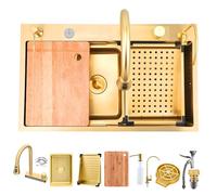 Cascata Lavello Cucina Acciaio Inox Set, Lavandino Cucina Multifunzione, Rubinetto A Cascata A Led, Lavello A Cascata Digitale Con Lavatazze, Dispenser Di Sapone(Gold#1,80x45cm)