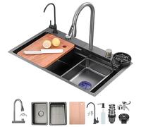 Cascata Lavello Cucina Acciaio Inox Set, Lavandino Cucina Multifunzione, Rubinetto A Cascata A Led, Lavello A Cascata Digitale Con Lavatazze, Dispenser Di Sapone(Black-Grey#2,80x50cm)