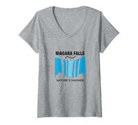 Cascate del Niagara: Avventura nella Cascata della Doccia della Natura Maglietta con Collo a V, Donna, Grigio Melange, S
