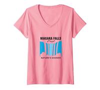 Cascate del Niagara: Avventura nella Cascata della Doccia della Natura Maglietta con Collo a V, Donna, Rosa, L