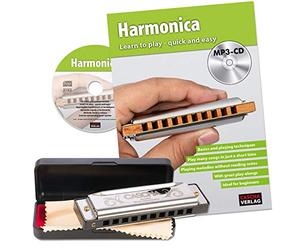 CASCHA Armonica a bocca per principianti con scuola inglese, Blues Harmonica per imparare a giocare, con custodia, panno per la cura e libro di testo, C Dur Harmonica