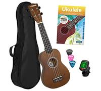 CASCHA Set di ukulele soprano per bambini e adulti I Kit di base per ukulele con 3 plettri Borsa Libro di testo Video di apprendimento tramite sintonizzatore QR Code I Set corde Aquila Nylon I Piccola chitarra hawaiana Marrone