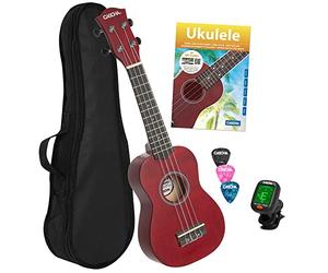 CASCHA Set di ukulele soprano per bambini e adulti, starter kit con 3 plettri tasca, libro di testo, video educativi su QR, accordatore, corde Aquila, nylon, piccola chitarra hawaiana, colore rosso