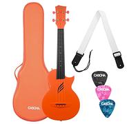 CASCHA Set per ukulele da concerto in fibra di carbonio, set con 3 plettri, custodia, tracolla, set per ukulele, set di corde in fluorocarbonio, piccola chitarra hawaiana per principianti, arancione