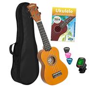CASCHA - Set ukulele soprano, per bambini e adulti, con 3 plettri, custodia con libro di apprendimento, video educativo tramite codice QR, set di corde Aquila, nylon, piccola chitarra hawaiana, giallo