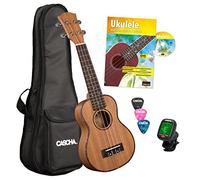 CASCHA Ukulele Premium Soprano in Mogano con Manuale, Accordatore, Borsa Imbottita, 3 Plettri e Corde Aquila