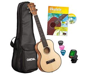 Cascha Ukulele Tenore professionale, Solid Top, Kit per imparare l'ukulele con accessori, corde Aquila, libro di Ukulele, borsa imbottita, accordatore e 3 plettri