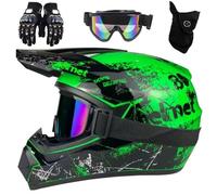 Caschi da Motocross Per Bambini, Fuoristrada, Strada E Fuoristrada, Per Bambini Dagli 8 Ai 14 Anni, Casco BMX MX ATV, con Occhiali, Guanti E Maschera, Omologati DOT(905 green floral,XL (58-59cm))