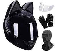 Casco con Orecchie da Gatto Donna Uomo, DOT/ECE Certificato Casco Integrale da Strada per Moto Casco da Gatto con Orecchie Casco con Orecchie da Gatto per Bella Ragazza con Guanti e Visiera