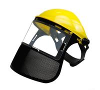 Casco da giardino con visiera regolabile, progettato per la protezione durante l'esecuzione di lavori in giardino (copertura in rete gialla)