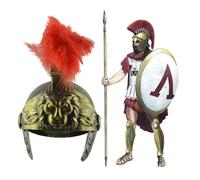 Casco da guerriero spartano - Cappello da gladiatore romano antico | Materiale PP dorato Piume rosse naturali | Copricapo da combattente medievale - Cosplay di carnevale di Halloween per adulti