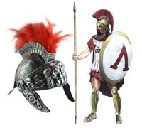 Casco da guerriero spartano - Cappello da gladiatore romano antico | Materiale PP dorato Piume rosse naturali | Copricapo da combattente medievale - Cosplay di carnevale di Halloween per adulti