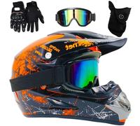 Casco da Motocross, Casco Integrale per Adulti e Bambini, con Occhiali Guanti Face Mask, Approvato DOT(Orange floral,L(56-57cm))